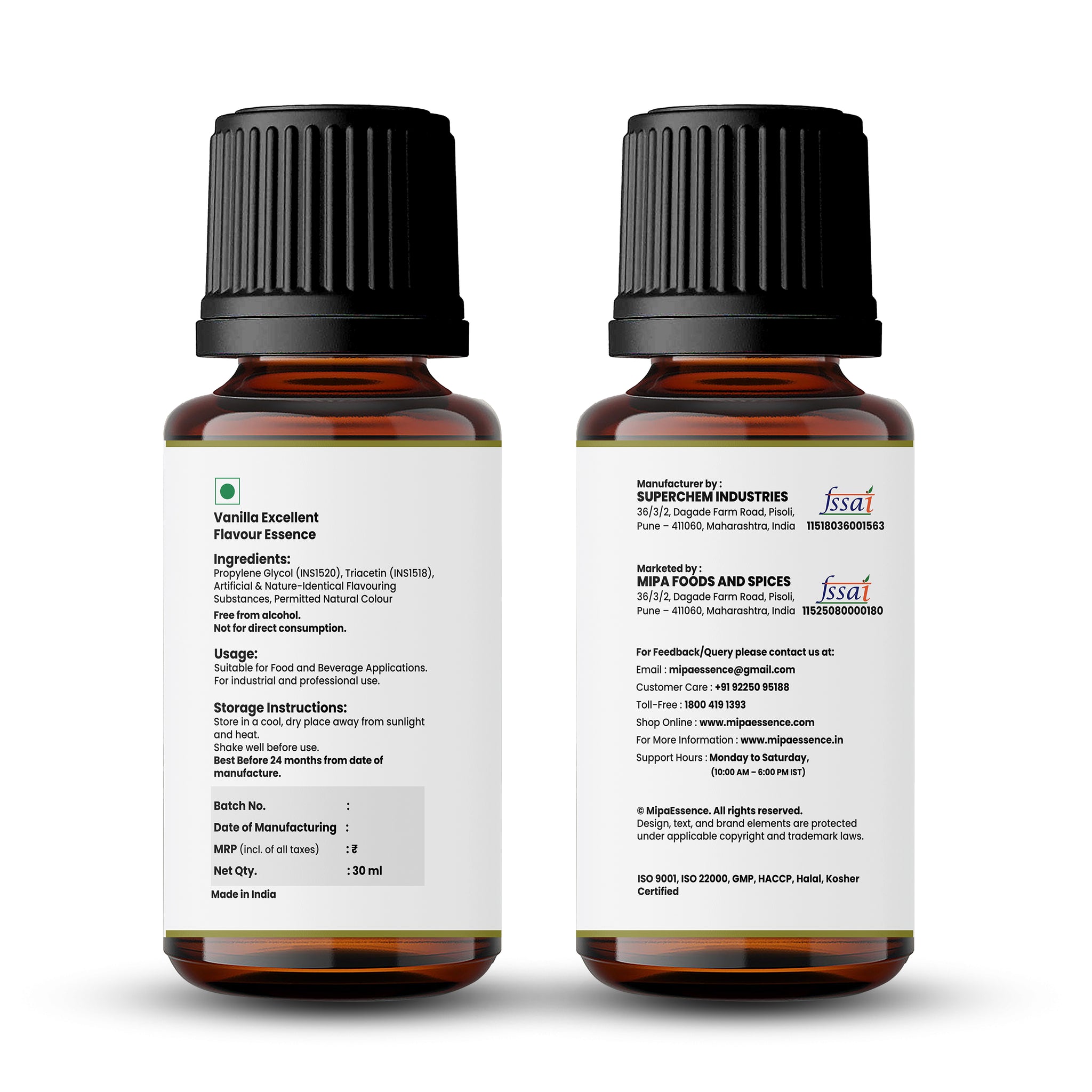 MipaEssence Vanilla Excellent Flavour 30ml bottle showing complete label details: ingredients, usage, storage, manufacturer and FSSAI license info.