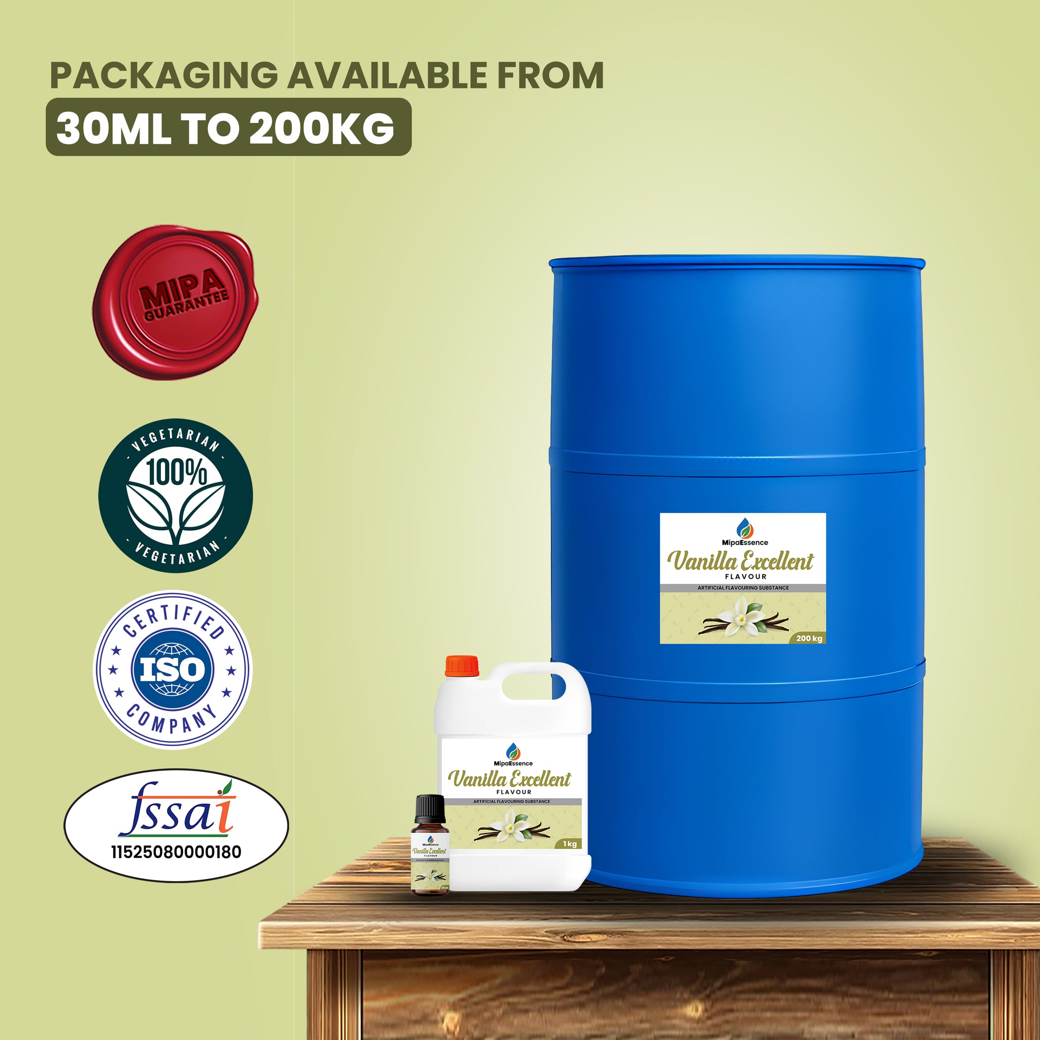 MipaEssence Vanilla Excellent Flavour packaging available in 30ml, 1kg, and 200kg sizes with FSSAI, ISO, and 100% vegetarian certifications.