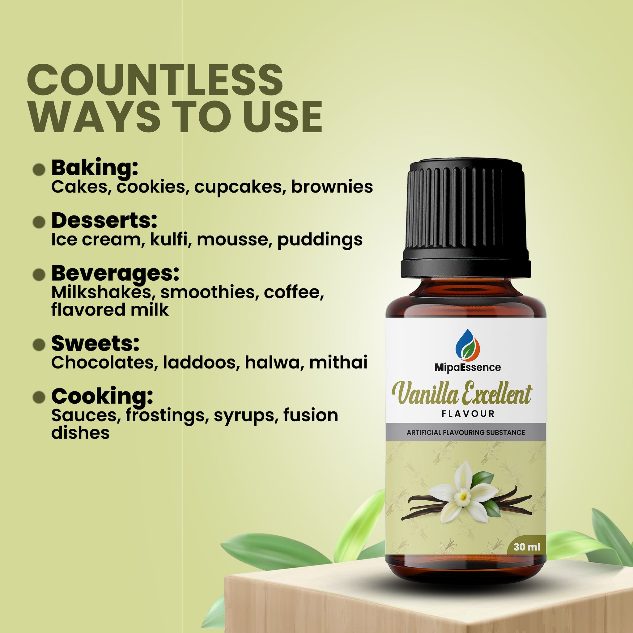 Countless ways to use Vanilla Excellent Flavour – ideal for baking, desserts, sweets, beverages, and cooking applications.