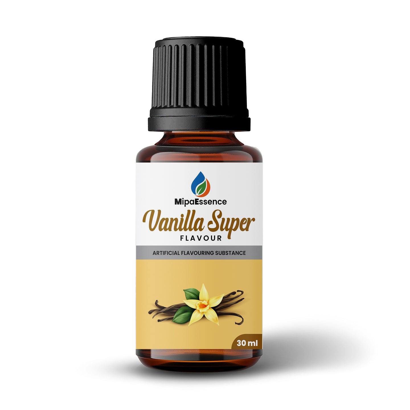 MipaEssence Vanilla Super Flavour 30ml bottle with artificial vanilla flavouring label and imagery.