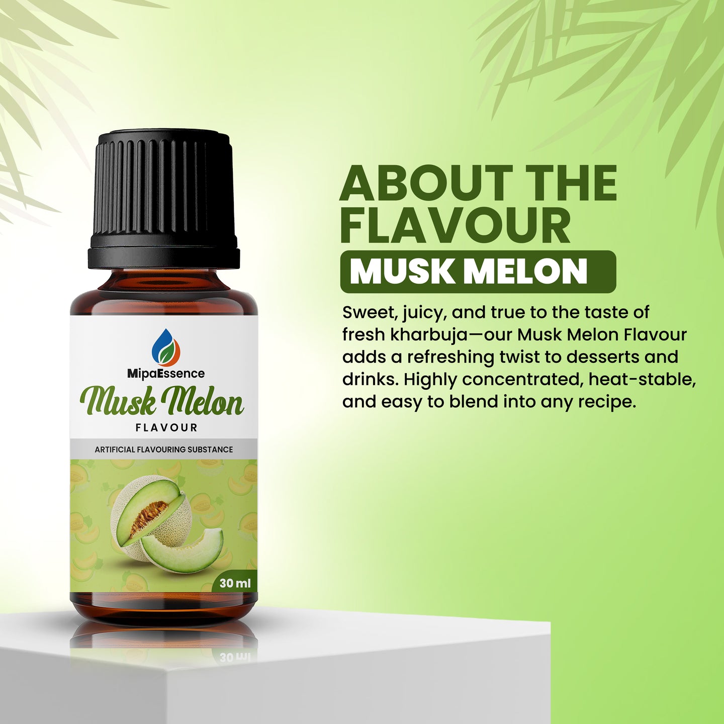 MipaEssence Musk Melon Flavour Essence – Rich, juicy muskmelon profile ideal for sweets, drinks, and frozen treats. Heat-stable, concentrated, and 100% vegetarian.