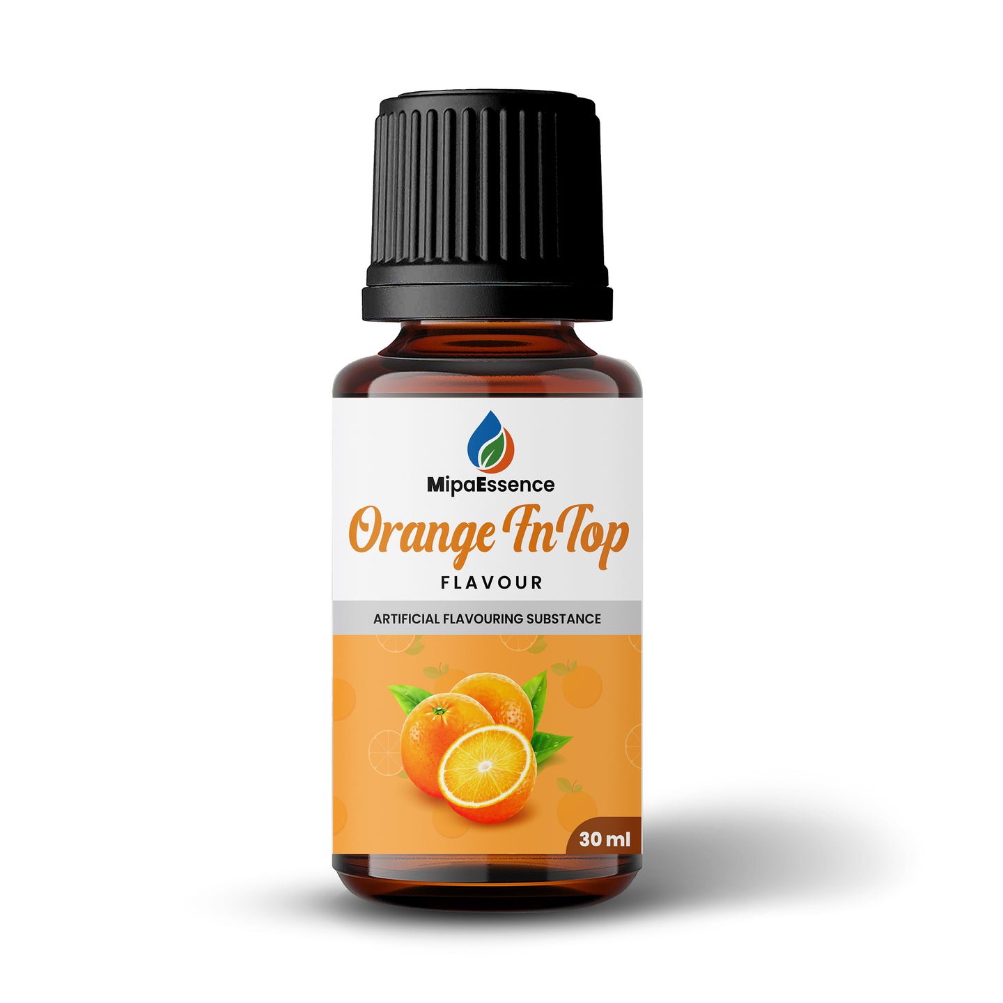 Front view of MipaEssence Orange FnTop Flavour 30ml bottle with citrus orange label.