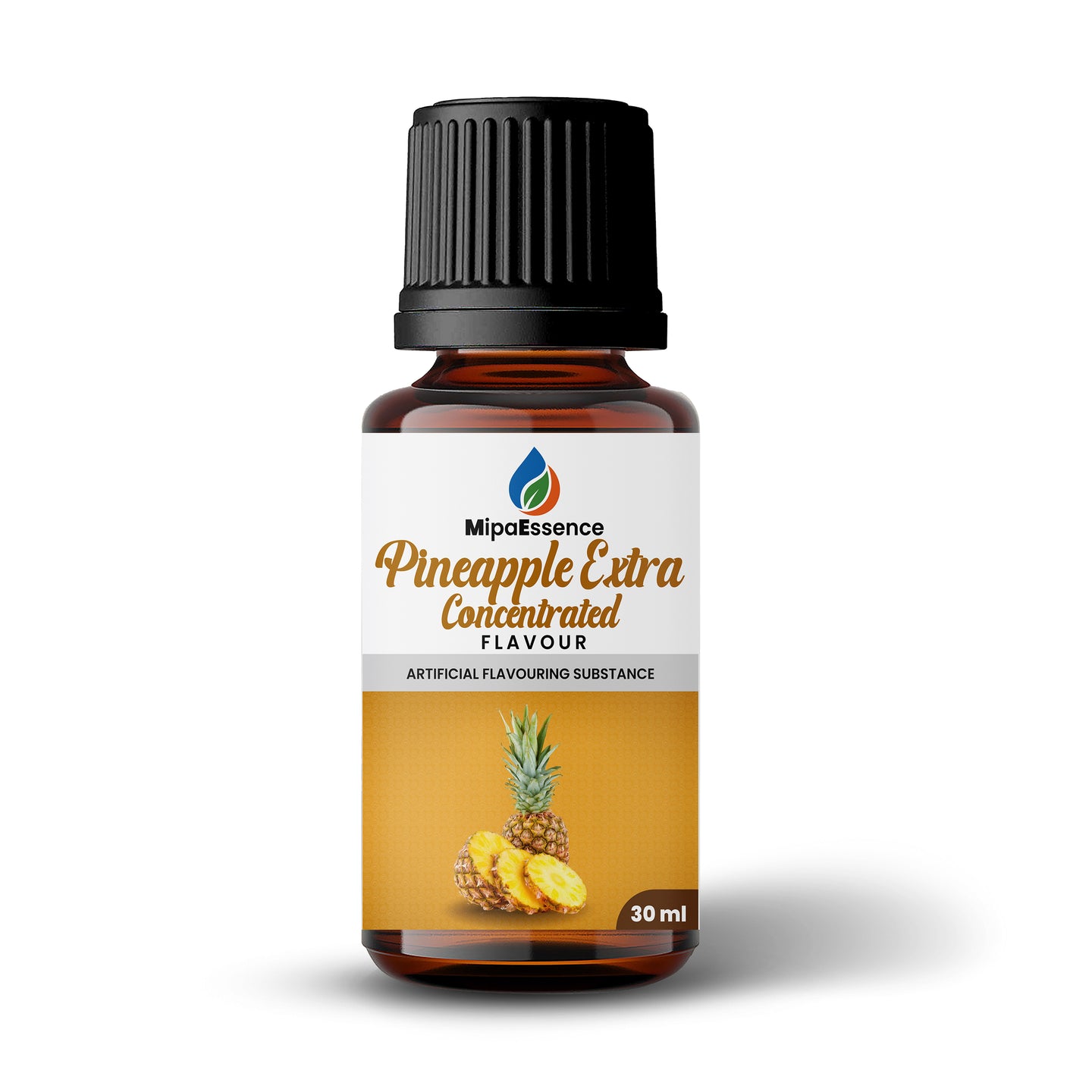 Front view of MipaEssence Pineapple Extra Concentrated Flavour 30ml bottle with pineapple illustrations and clean label.