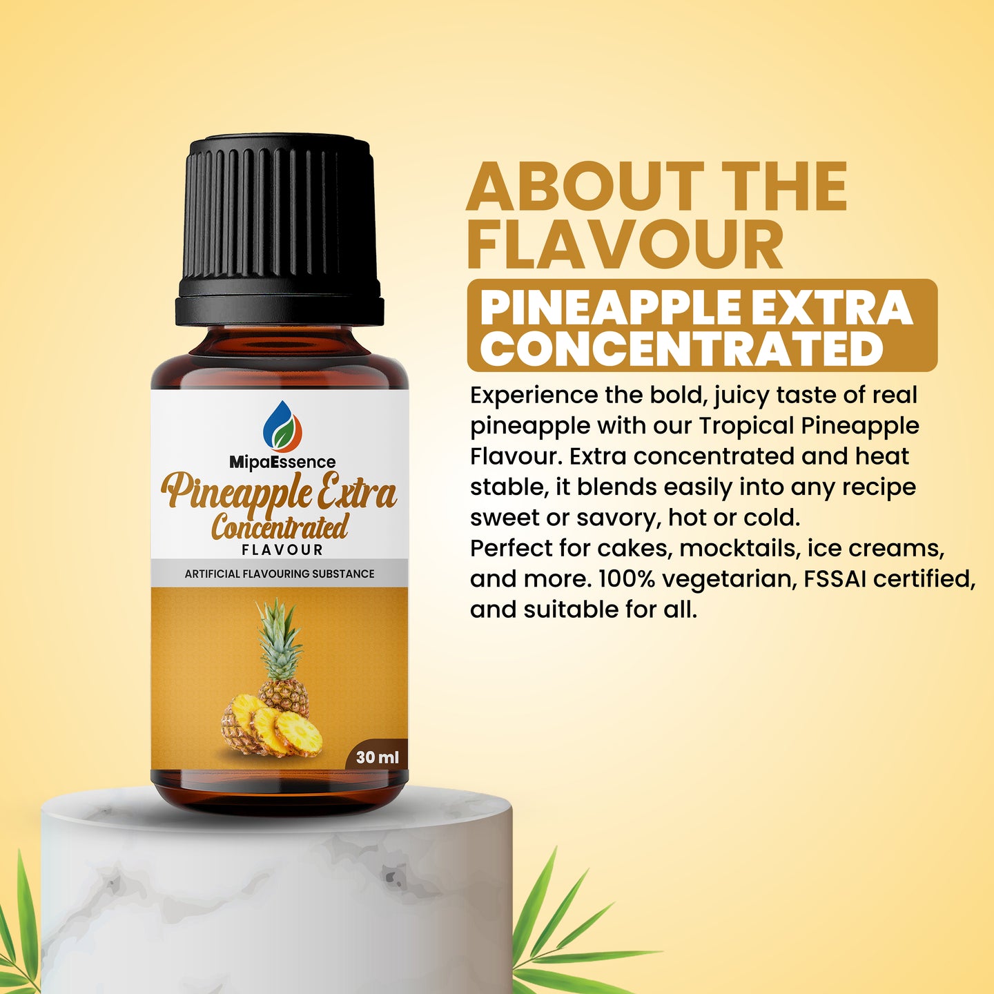 MipaEssence Pineapple Extra Concentrated Flavour bottle with description text highlighting juicy pineapple taste, heat stability, and commercial suitability.