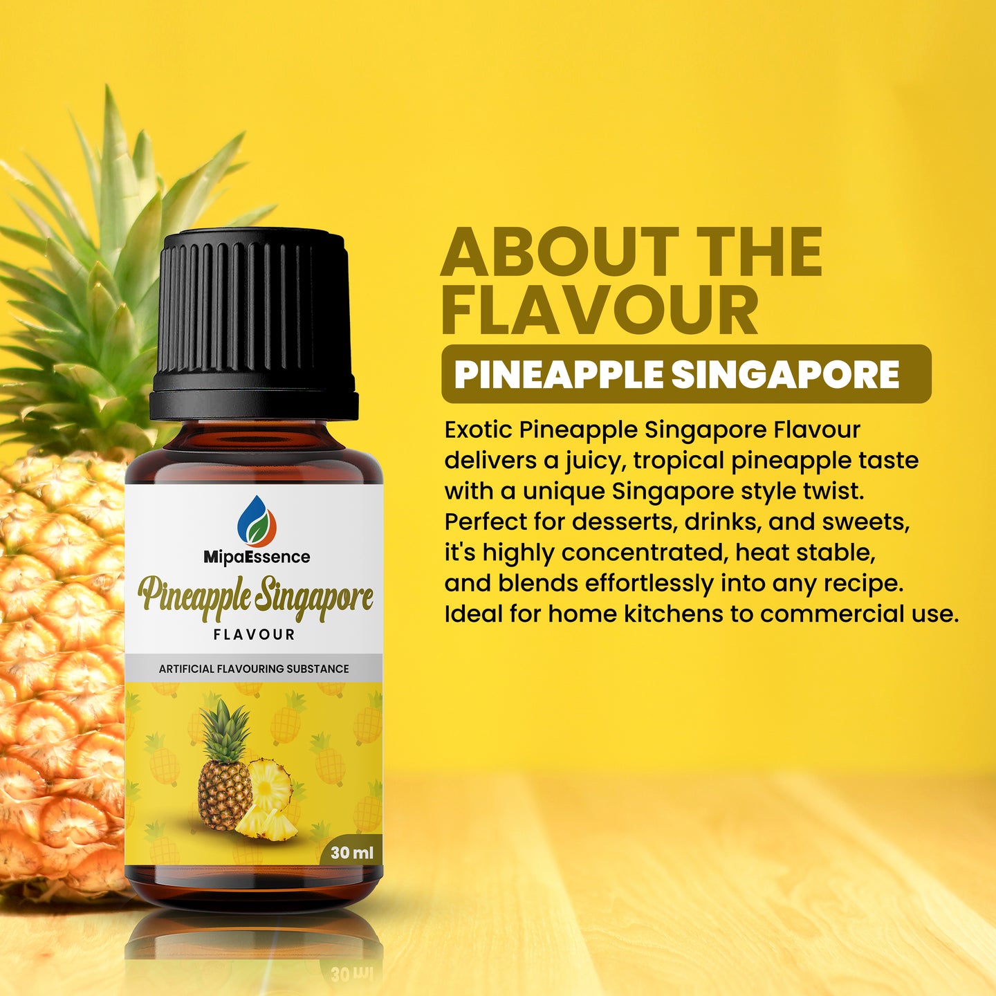 MipaEssence Pineapple Singapore Flavour description with tropical pineapple backdrop and 30ml bottle