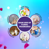Main applications of floral fragrance including perfume creation, body care, air care, and cleaning products.