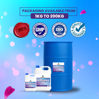 Saregama fragrance packaging options from 1kg to 200kg with GMP, ISO, and MIPA quality assurance badges.