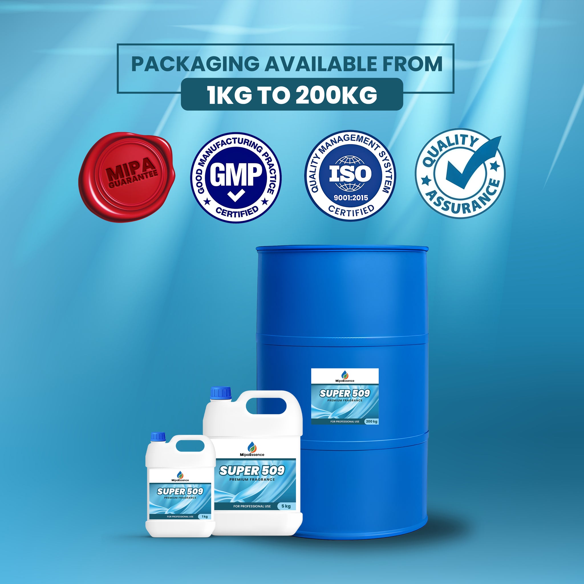 MipaEssence Super 509 Fragrance available in 1kg, 5kg, and 200kg packaging with GMP and ISO certifications.